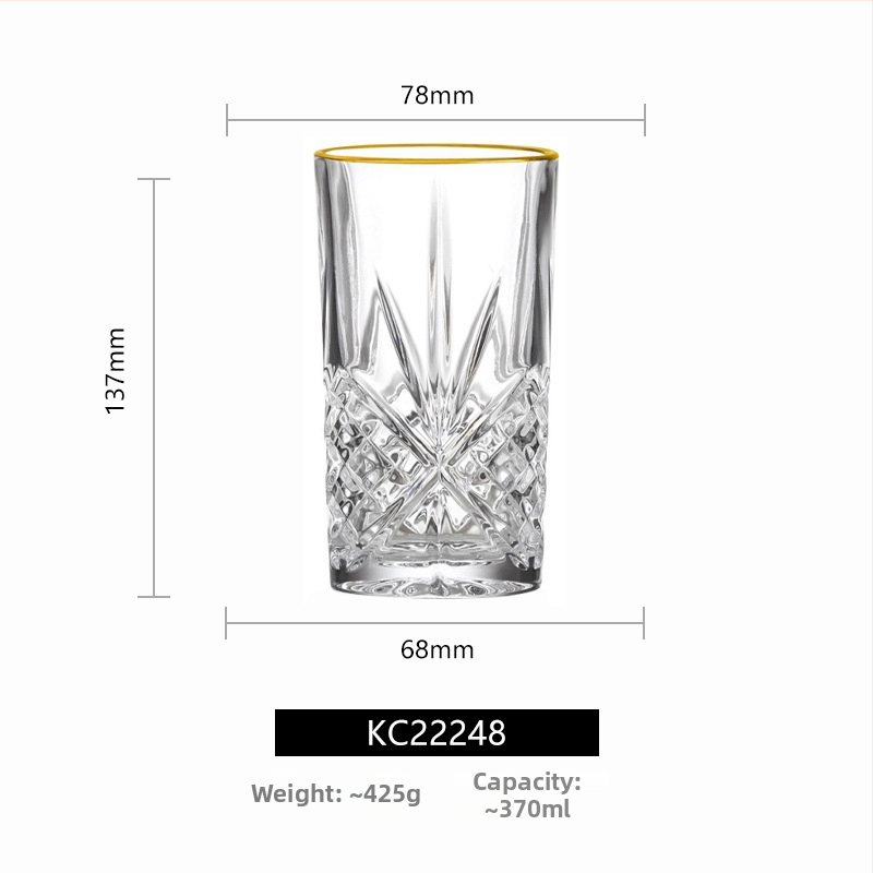 Sada sklenených pohárov s pozláteným okrajom a zvislými prúžkami, veľký formát bez olova — pohár na whisky, pohár na červené víno, pohár na pivo a pohár na vodu