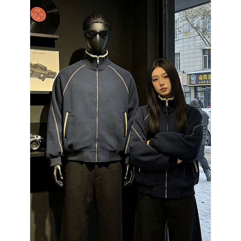 Bijelo-sivi Hasselblad stil kardigan-sweatshirt, unisex, proljetni korejski stil s stojećim ovratnikom, sportska ležerna jakna
