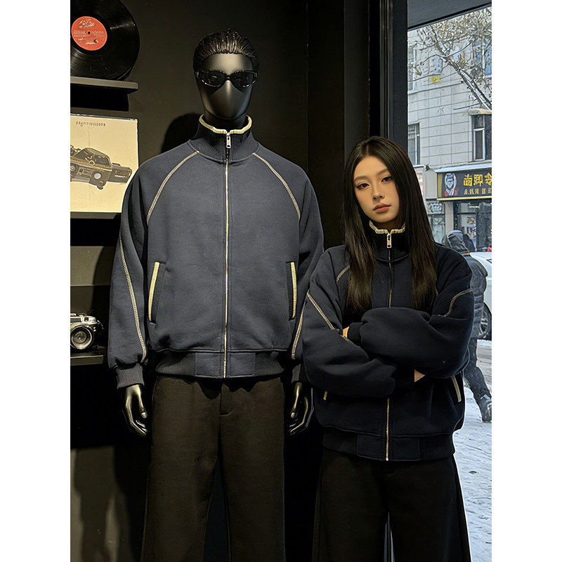 Bijelo-sivi Hasselblad stil kardigan-sweatshirt, unisex, proljetni korejski stil s stojećim ovratnikom, sportska ležerna jakna