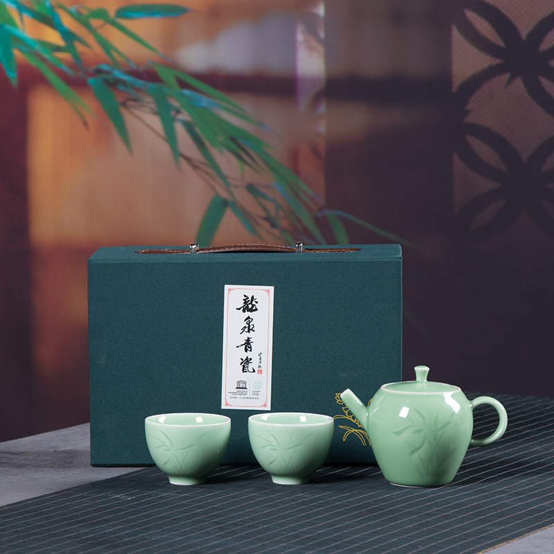 Longquan Celadon Gongfu čajni set za putovanje, prijenosni, 1 posuda i 4 šalice, mali darovni set