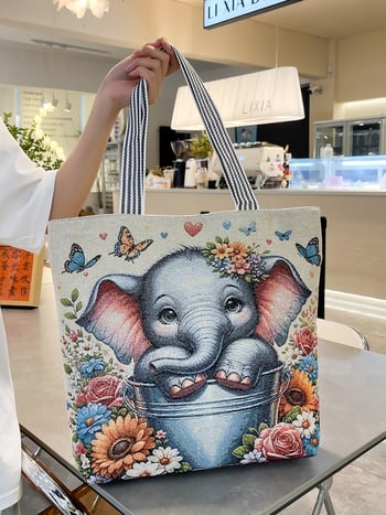 Platnena tote torba sa zlatnom niti i šivom, velika kapaciteta, remen od konoplje, zatvarač, ženska torba