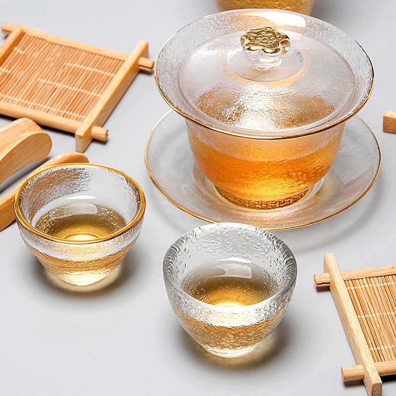 Ceai în stil chinezesc, pahar de sticlă mat, rezistent la căldură, cu capac, decor aur pictat manual, Gongfu ceai, pentru uz casnic