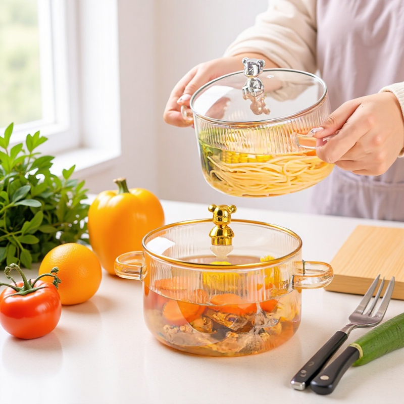 Enjoy oală din sticlă borosilicată în formă de urs, cu două mâneri și capac, rezistentă la temperaturi ridicate, pentru nudle instant, potrivită pentru flacăra deschisă sau plita electrică, veselă din sticlă pentru gătit sănătos
