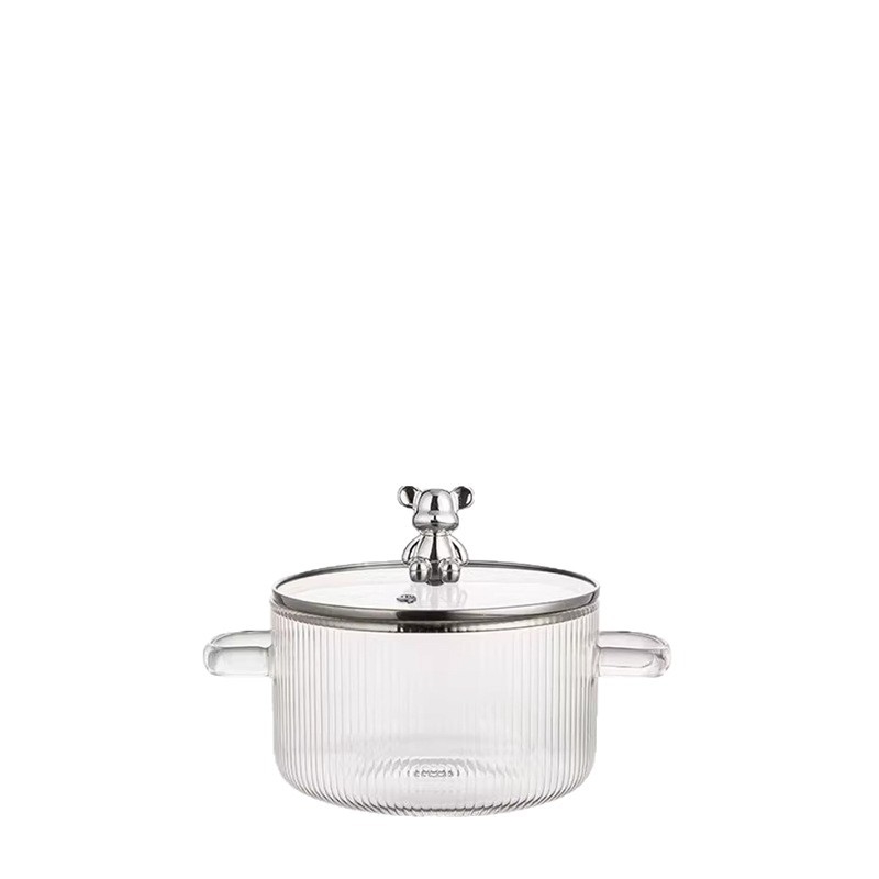 Enjoy oală din sticlă borosilicată în formă de urs, cu două mâneri și capac, rezistentă la temperaturi ridicate, pentru nudle instant, potrivită pentru flacăra deschisă sau plita electrică, veselă din sticlă pentru gătit sănătos