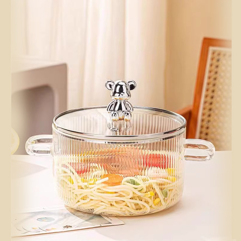 Enjoy oală din sticlă borosilicată în formă de urs, cu două mâneri și capac, rezistentă la temperaturi ridicate, pentru nudle instant, potrivită pentru flacăra deschisă sau plita electrică, veselă din sticlă pentru gătit sănătos