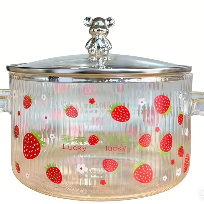 Enjoy oală din sticlă borosilicată în formă de urs, cu două mâneri și capac, rezistentă la temperaturi ridicate, pentru nudle instant, potrivită pentru flacăra deschisă sau plita electrică, veselă din sticlă pentru gătit sănătos