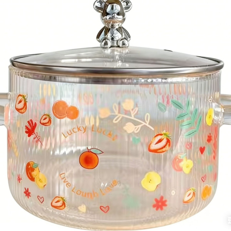 Enjoy oală din sticlă borosilicată în formă de urs, cu două mâneri și capac, rezistentă la temperaturi ridicate, pentru nudle instant, potrivită pentru flacăra deschisă sau plita electrică, veselă din sticlă pentru gătit sănătos