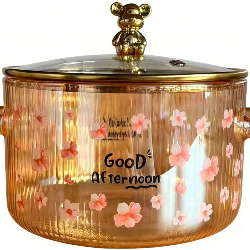Enjoy oală din sticlă borosilicată în formă de urs, cu două mâneri și capac, rezistentă la temperaturi ridicate, pentru nudle instant, potrivită pentru flacăra deschisă sau plita electrică, veselă din sticlă pentru gătit sănătos