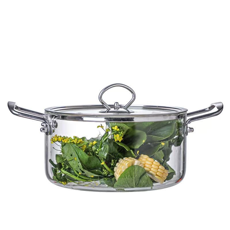 Oală din sticlă borosilicată, rezistentă la temperaturi înalte, pentru aragaz, cu două mâneri, capacitate mare pentru supă și lapte