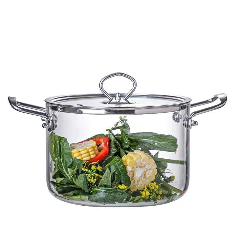 Oală din sticlă borosilicată, rezistentă la temperaturi înalte, pentru aragaz, cu două mâneri, capacitate mare pentru supă și lapte