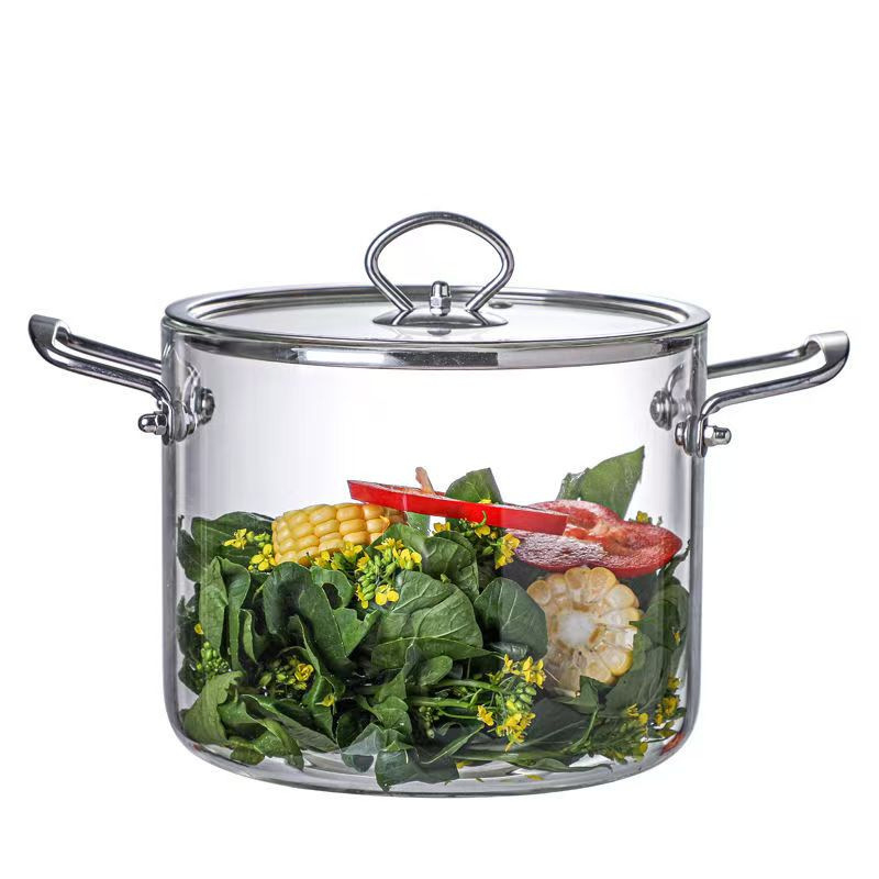 Oală din sticlă borosilicată, rezistentă la temperaturi înalte, pentru aragaz, cu două mâneri, capacitate mare pentru supă și lapte