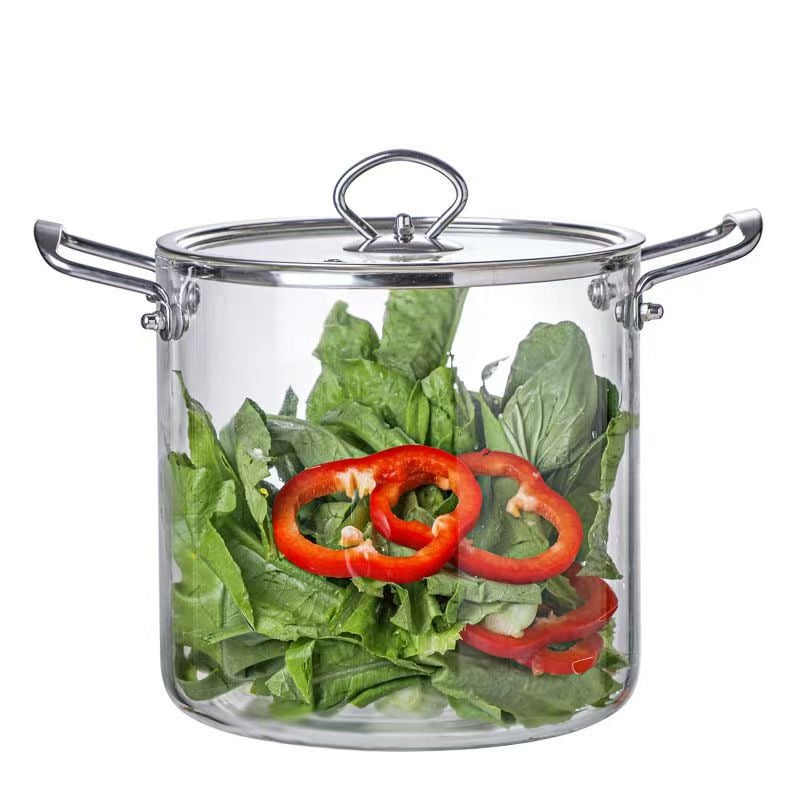 Oală din sticlă borosilicată, rezistentă la temperaturi înalte, pentru aragaz, cu două mâneri, capacitate mare pentru supă și lapte