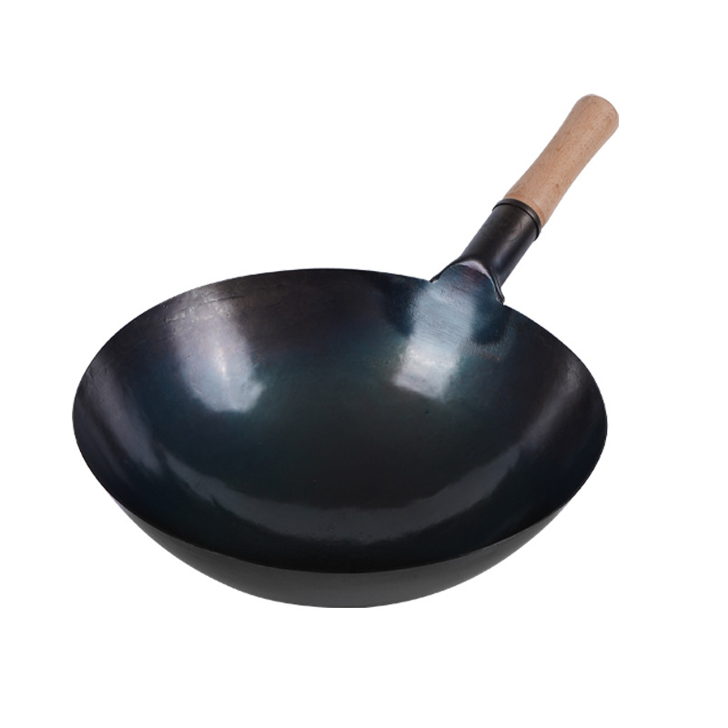 Wok din fier pur, neacoperit, finisaj albastru, cu bază rotundă, pentru bucătării comerciale