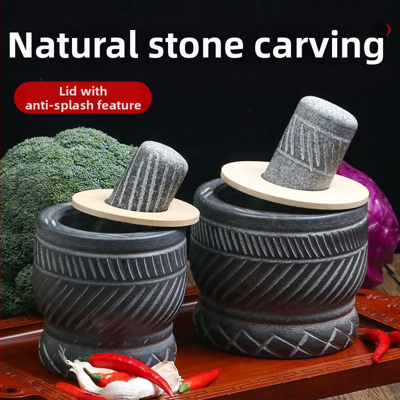 Mojar natural din piatră pentru usturoi, cu presă, curățitor, râșniță pentru usturoi și condimente
