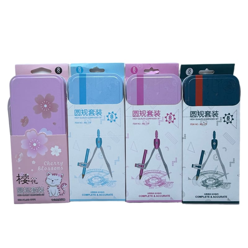Set compas și riglă într-o cutie metalică pentru elevi