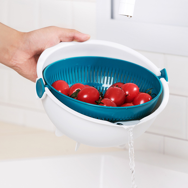 Coș dublu din plastic pentru scurgere, pentru bucătărie, pentru spălat fructe și legume