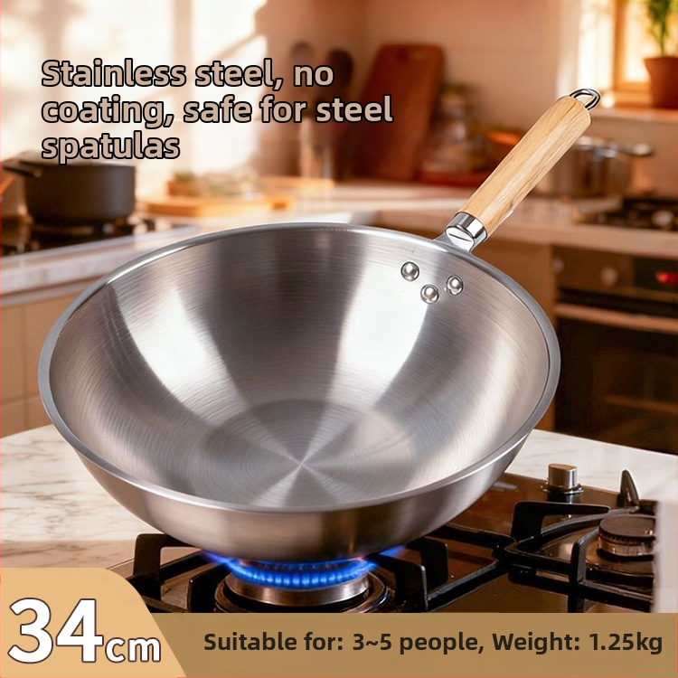 Tigaie din oțel inoxidabil, antiaderentă, pentru uz casnic, fund plat tradițional, diametru 30–34 cm, potrivită pentru plite cu gaz și inducție