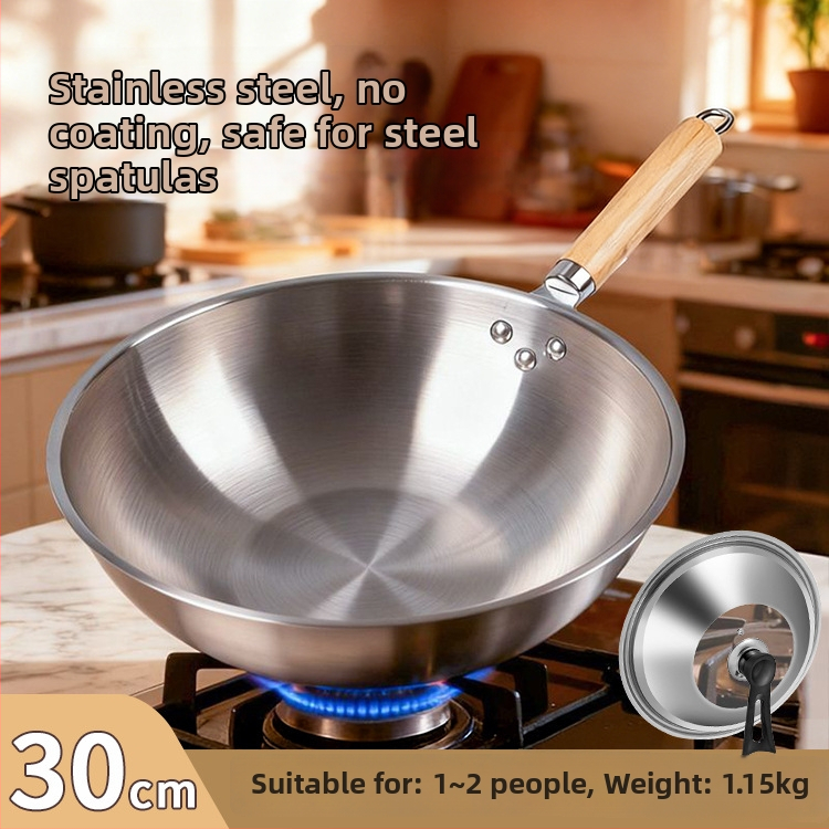 Tigaie din oțel inoxidabil, antiaderentă, pentru uz casnic, fund plat tradițional, diametru 30–34 cm, potrivită pentru plite cu gaz și inducție