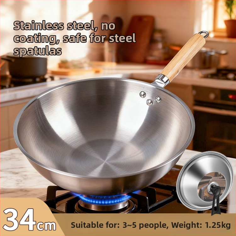 Tigaie din oțel inoxidabil, antiaderentă, pentru uz casnic, fund plat tradițional, diametru 30–34 cm, potrivită pentru plite cu gaz și inducție