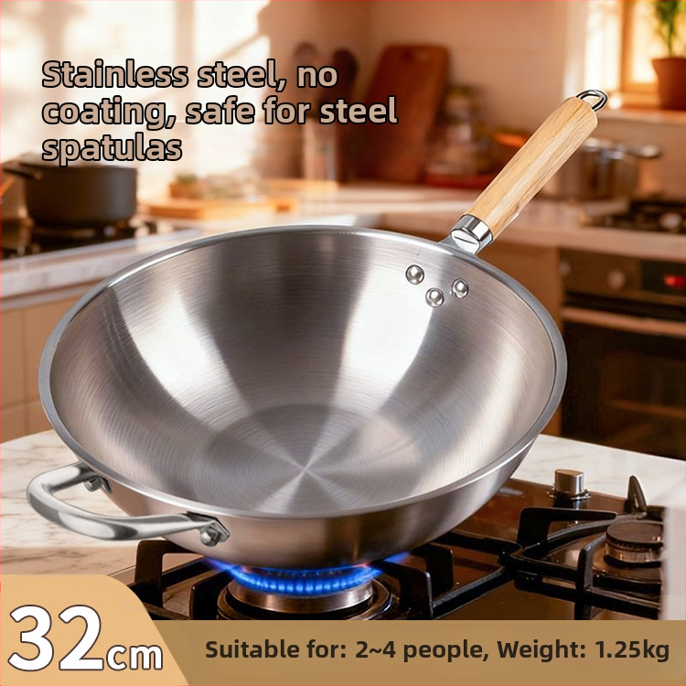 Tigaie din oțel inoxidabil, antiaderentă, pentru uz casnic, fund plat tradițional, diametru 30–34 cm, potrivită pentru plite cu gaz și inducție