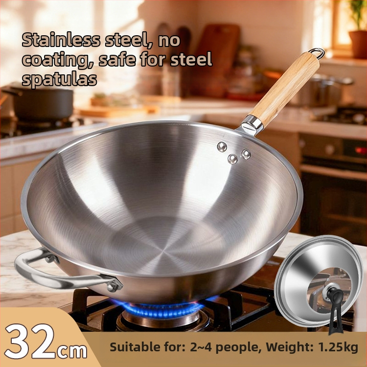Tigaie din oțel inoxidabil, antiaderentă, pentru uz casnic, fund plat tradițional, diametru 30–34 cm, potrivită pentru plite cu gaz și inducție