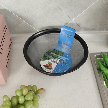 Coș rotund din oțel inoxidabil, cu margini înalte, pentru spălat legume și scurgere — coș pentru fructe, accesoriu practic de bucătărie