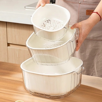 Coș dublu pentru scurgere și spălare legume și fructe, coș de bucătărie pentru spălat și strecurare, filtru de apă din plastic îngroșat, unealtă pentru clătirea orezului