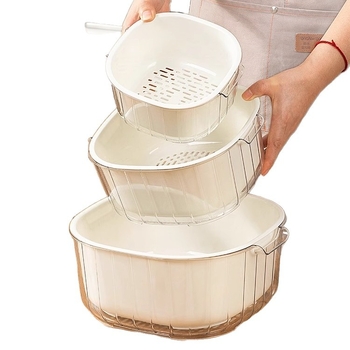 Coș dublu pentru scurgere și spălare legume și fructe, coș de bucătărie pentru spălat și strecurare, filtru de apă din plastic îngroșat, unealtă pentru clătirea orezului