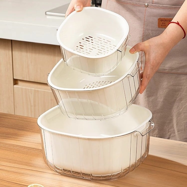 Coș dublu pentru scurgere și spălare legume și fructe, coș de bucătărie pentru spălat și strecurare, filtru de apă din plastic îngroșat, unealtă pentru clătirea orezului