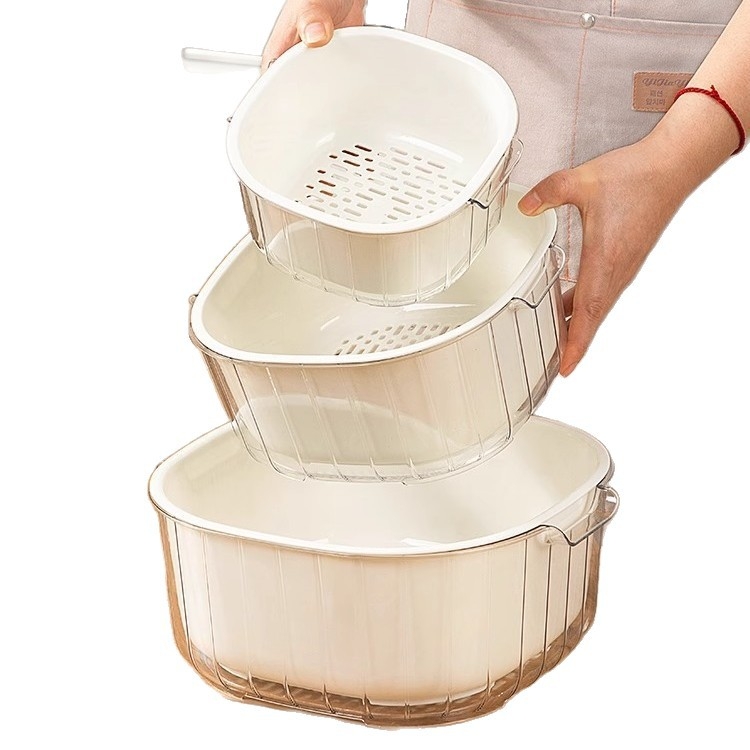 Coș dublu pentru scurgere și spălare legume și fructe, coș de bucătărie pentru spălat și strecurare, filtru de apă din plastic îngroșat, unealtă pentru clătirea orezului