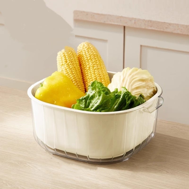 Coș dublu pentru scurgere și spălare legume și fructe, coș de bucătărie pentru spălat și strecurare, filtru de apă din plastic îngroșat, unealtă pentru clătirea orezului