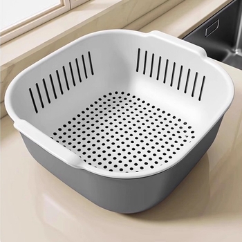 Vas dublu din plastic pentru spălat legume și fructe cu coș de scurgere – accesoriu de bucătărie multifuncțional