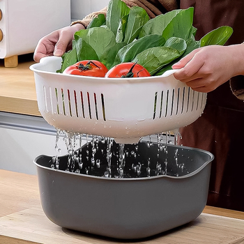Vas dublu din plastic pentru spălat legume și fructe cu coș de scurgere – accesoriu de bucătărie multifuncțional