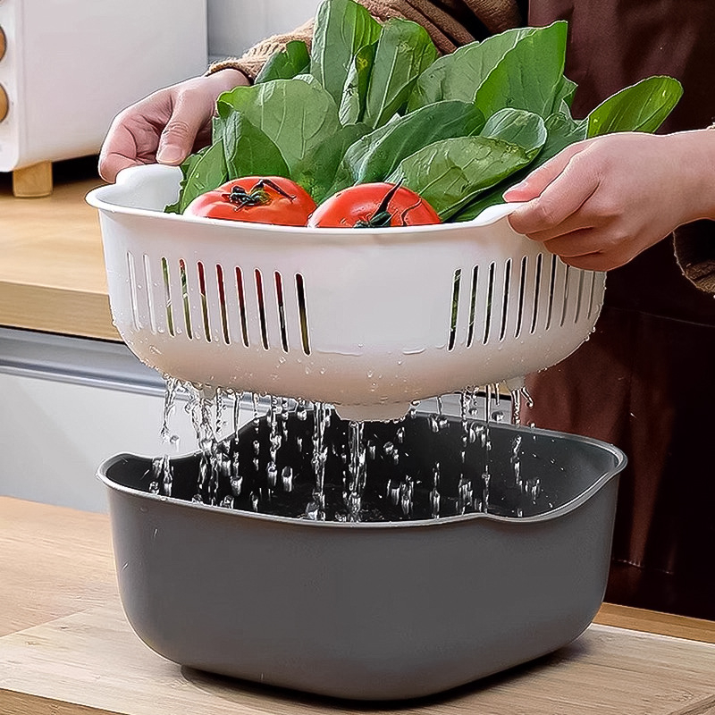 Vas dublu din plastic pentru spălat legume și fructe cu coș de scurgere – accesoriu de bucătărie multifuncțional