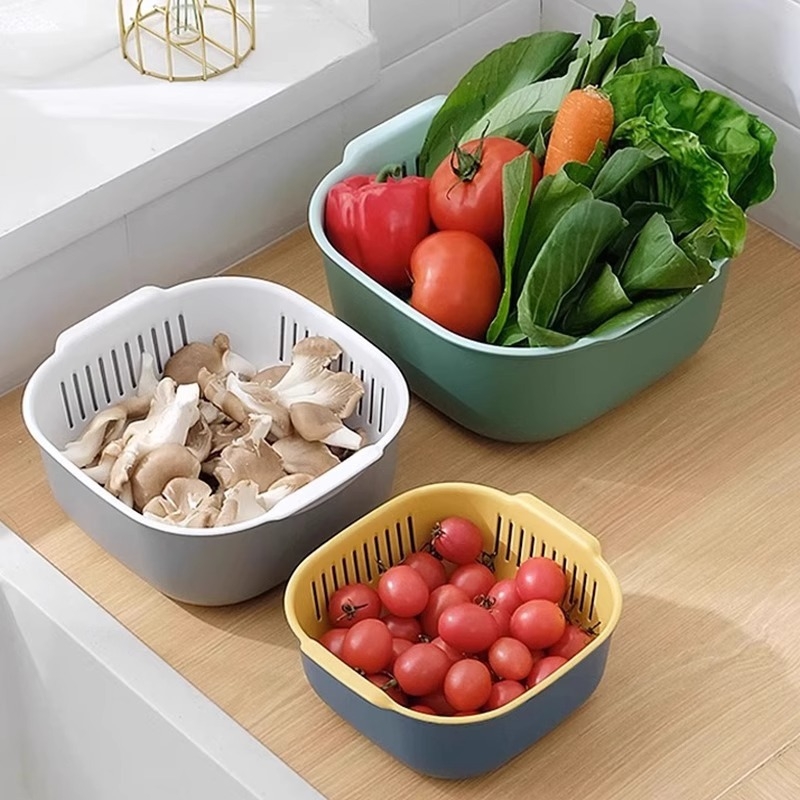 Vas dublu din plastic pentru spălat legume și fructe cu coș de scurgere – accesoriu de bucătărie multifuncțional