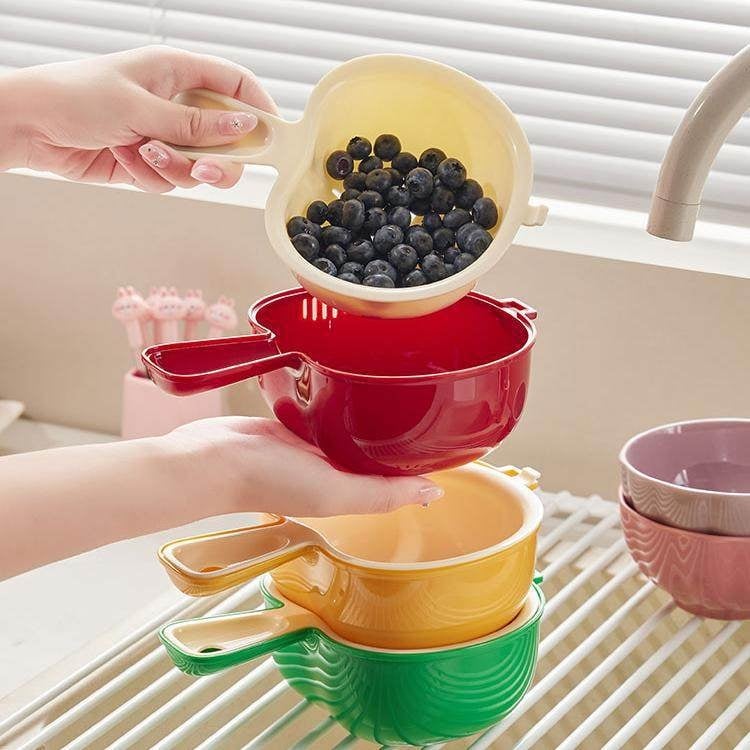 Coș dublu pentru scurgerea fructelor și farfurie pentru fructe – uz casnic, elegant și creativ