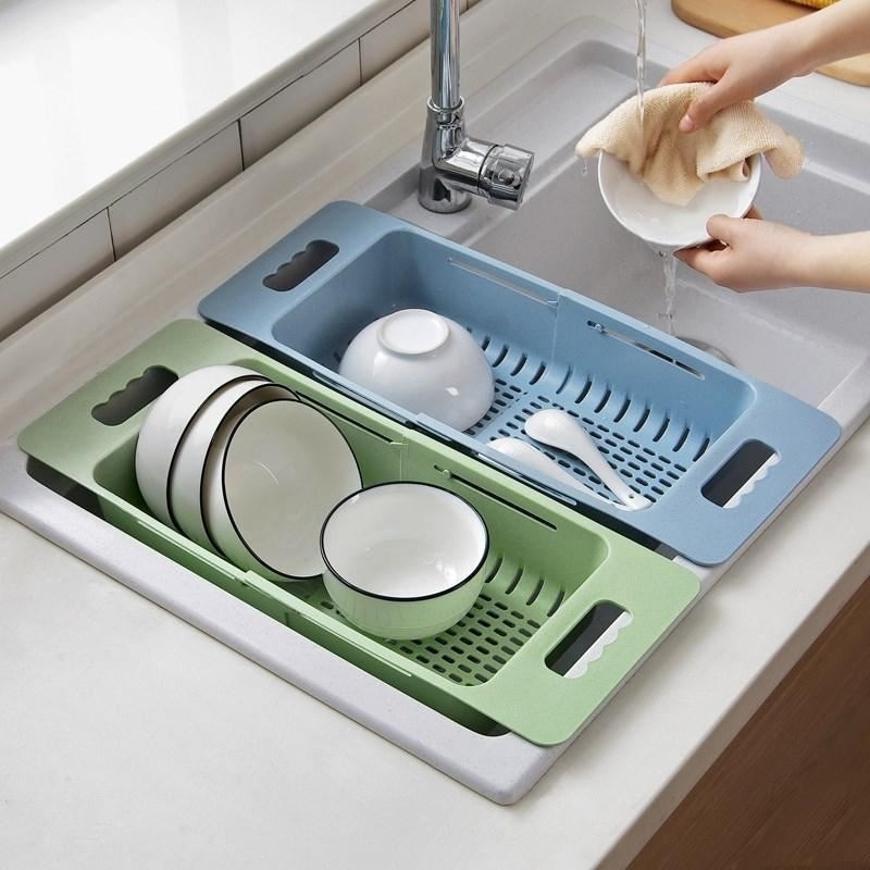 Coș extensibil de drenaj pentru chiuveta, raft dublu pentru spălat legume, albastru