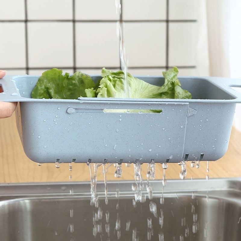 Coș extensibil de drenaj pentru chiuveta, raft dublu pentru spălat legume, albastru