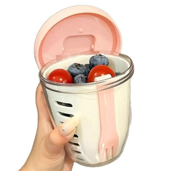 Cupă portabilă de fructe cu furculiță pentru scurgere — calitate alimentară, drenaj cu două straturi, pentru drumeții în aer liber și la birou