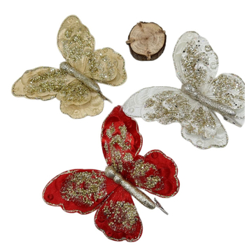 Ornament de Crăciun în formă de fluture, din material textil cu paiete, luciu auriu, pandantiv pentru brad