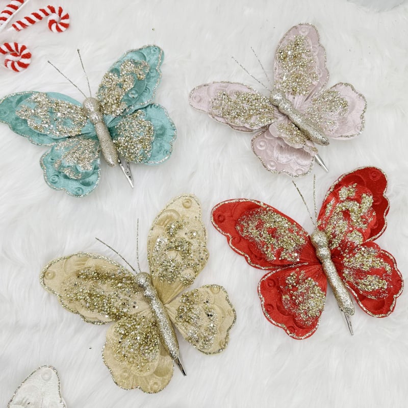 Ornament de Crăciun în formă de fluture, din material textil cu paiete, luciu auriu, pandantiv pentru brad