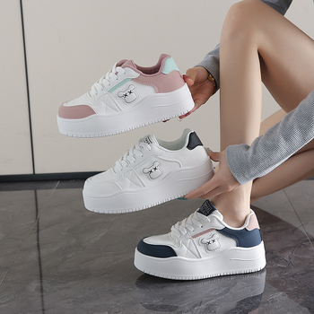 Ženske bijele tenisice s debelim potplatom, korejskog stila casual sneakers na vezanje, PU gornji dio