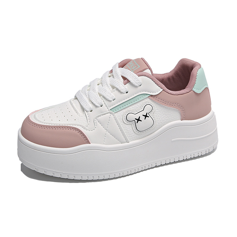 Ženske bijele tenisice s debelim potplatom, korejskog stila casual sneakers na vezanje, PU gornji dio