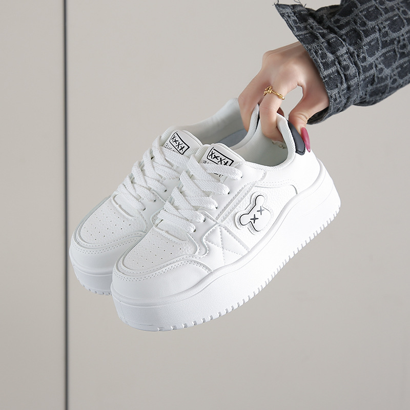 Ženske bijele tenisice s debelim potplatom, korejskog stila casual sneakers na vezanje, PU gornji dio