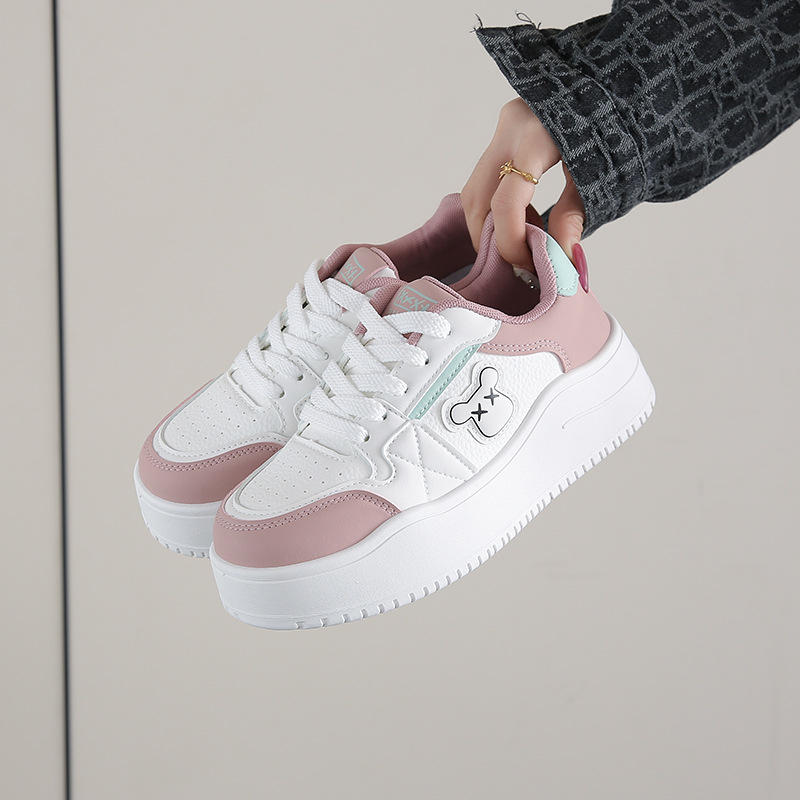 Ženske bijele tenisice s debelim potplatom, korejskog stila casual sneakers na vezanje, PU gornji dio