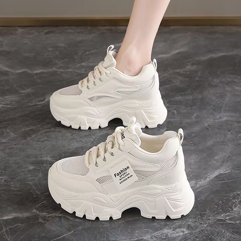 2025 Női dad shoes vastag talppal a magasság növelésére, fehér sportcipők fűzővel, PU felsőrész