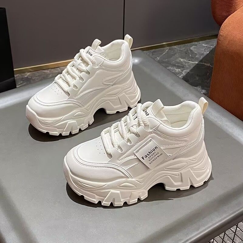 2025 Női dad shoes vastag talppal a magasság növelésére, fehér sportcipők fűzővel, PU felsőrész