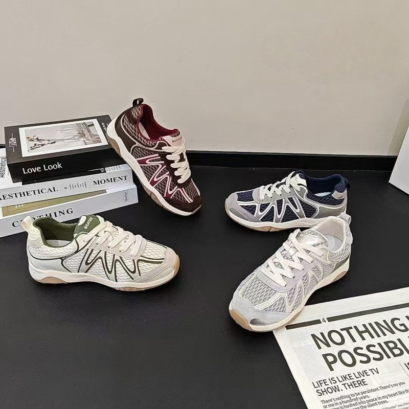 Női ezüst színű vastagtalpú sportcipő, 2025 őszi modell, lélegző háló felsőrész, mindennapi cipő, dad shoe stílus, Forrest Gump stílus