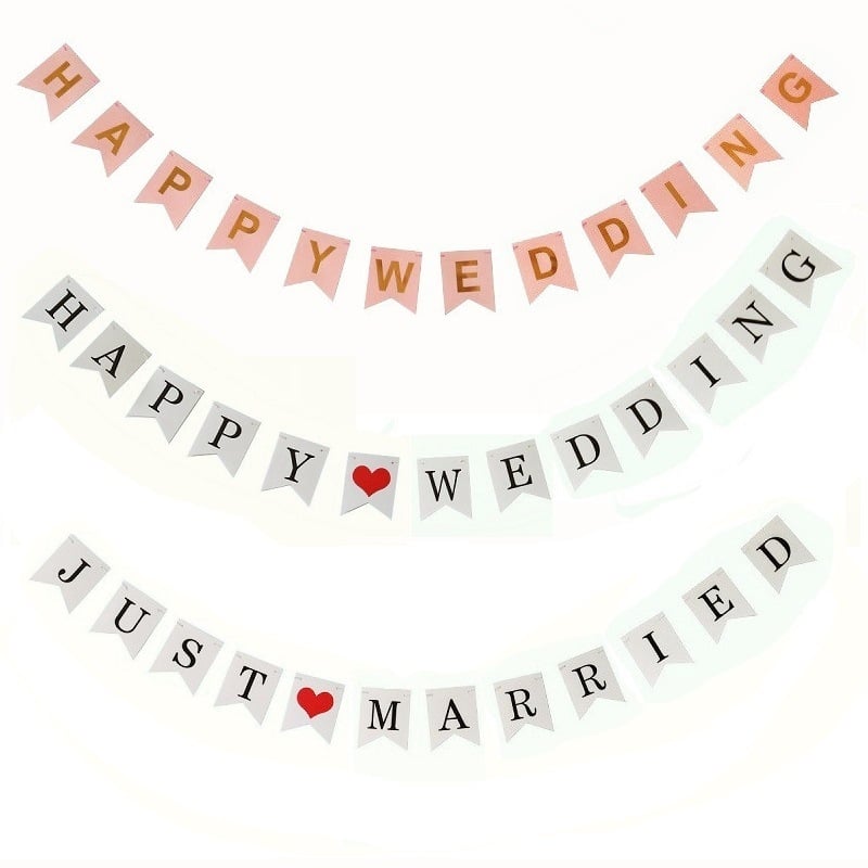 Just Married - Decor pentru fotografii de nuntă, drapele triunghiulare