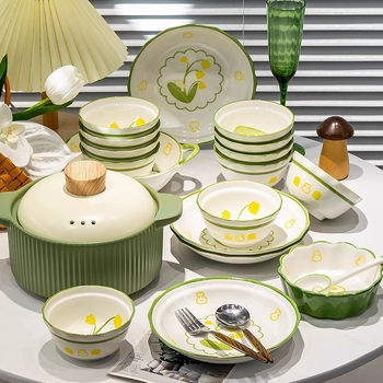Set ceramic cu boluri și farfurii pentru uz casnic, culoare crem, design elegant, set complet de veselă, model 2023